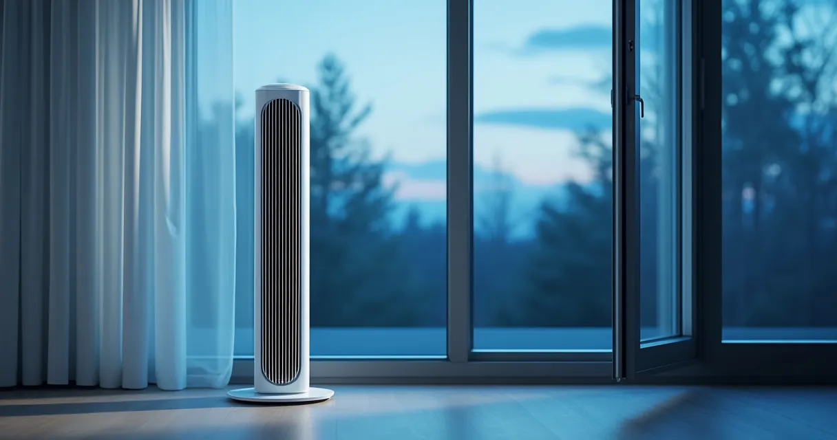 Geöffnetes Fenster am Abend mit Blick ins Dämmerlicht, davor im Raum steht ein Turmventilator mit Abstand zur Fensterbank