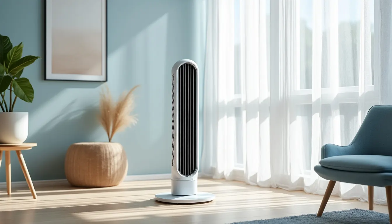Schlanker weißer Turmventilator steht in einem hellen Wohnzimmer neben einem Fenster, der leichte Vorhang bewegt sich im Luftstrom