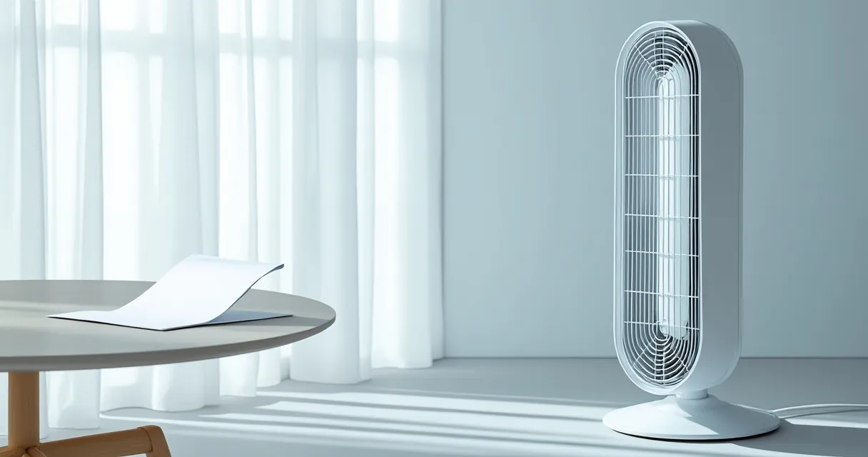 Turmventilator von der Seite in einem hellen Raum, ein leichter Vorhang und ein Blatt Papier auf dem Tisch bewegen sich im Luftstrom