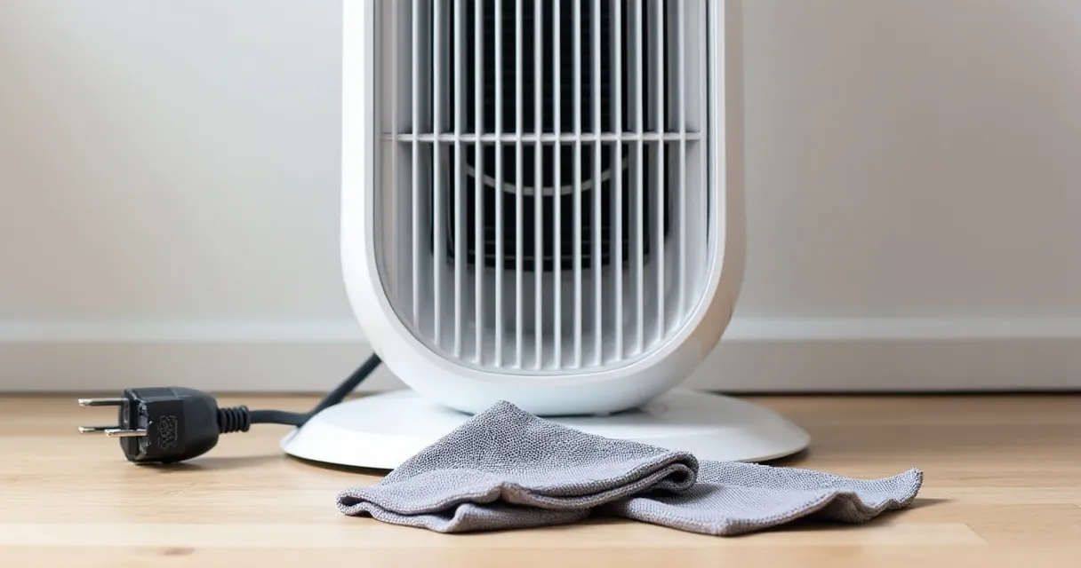 Nahaufnahme des Gitters am Fuß eines weißen Turmventilators, davor liegt ein graues Mikrofasertuch auf dem Holzboden, der Netzstecker liegt gezogen daneben