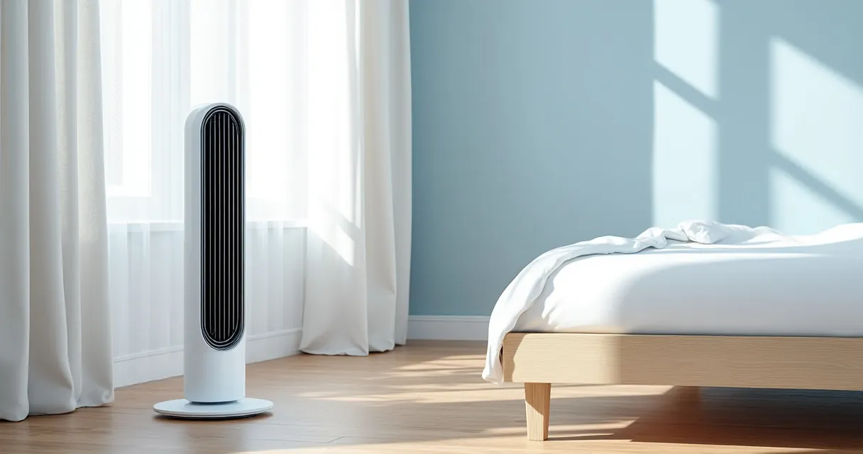 Helles Schlafzimmer mit gemachtem Bett, am Fußende steht ein schlanker Turmventilator mit Abstand zur Wand, der Vorhang bewegt sich leicht